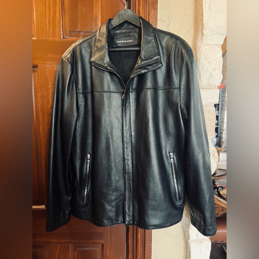 Andrew Marc black leather jacket.